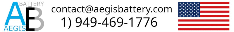 Contact information for Aegis Battery contact@aegisbattery.com with phone number 1) 949-469-1776 and American flag.